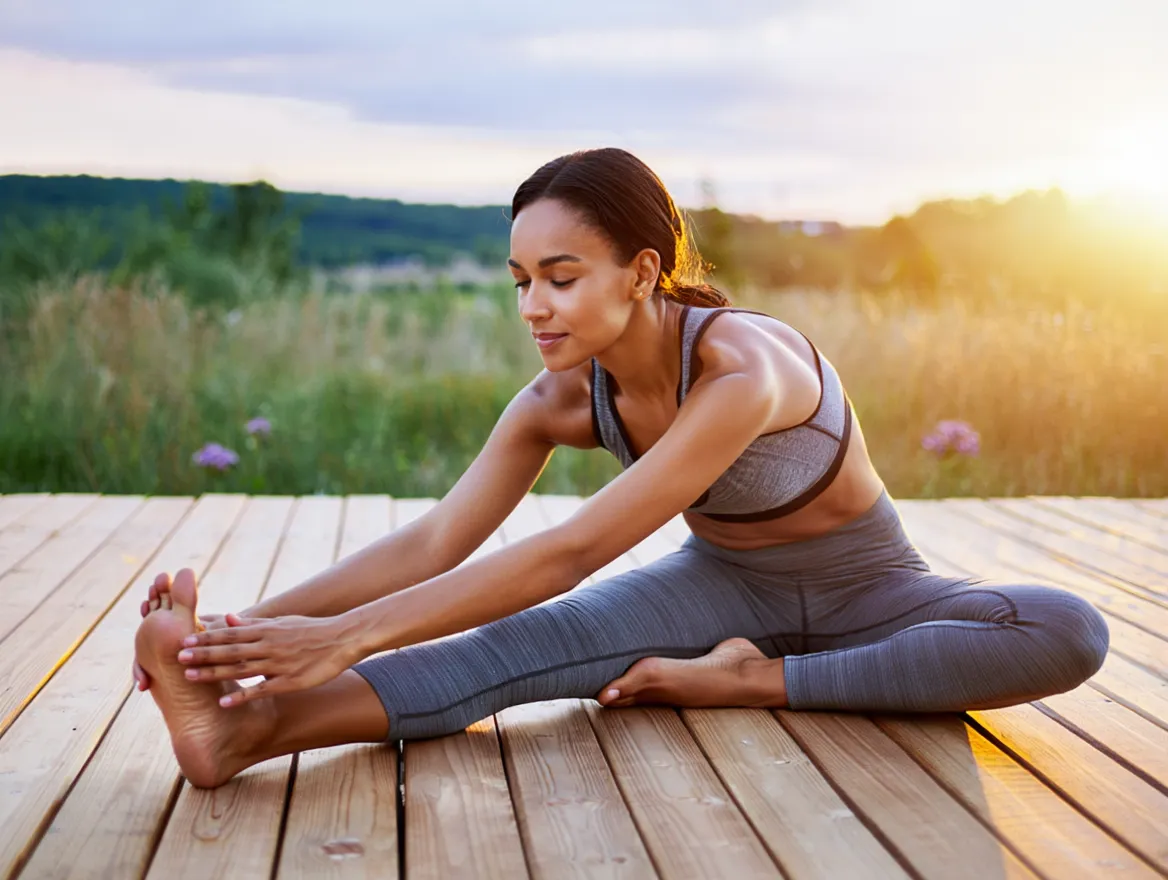 Peaceful outdoor stretching session on a wooden deck at sunrise