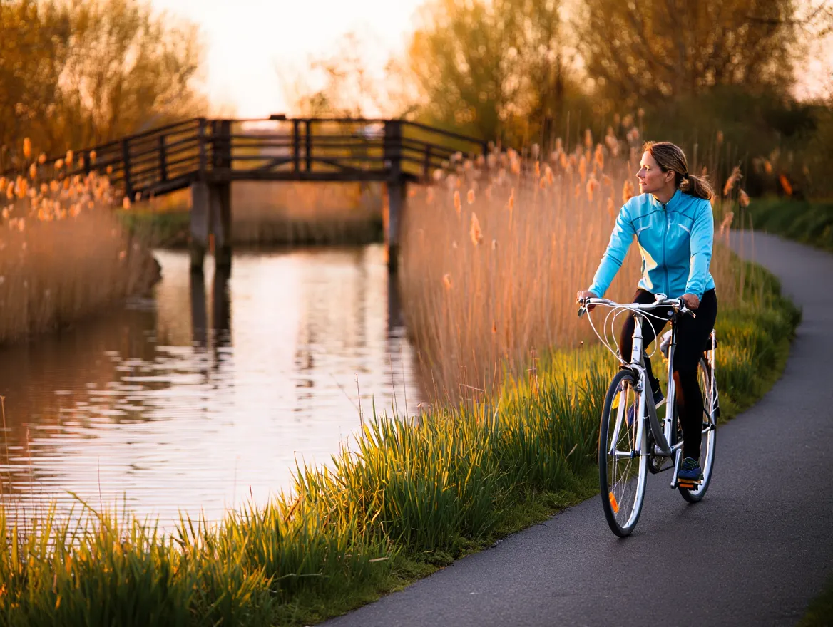 Person cycling along a calm riverside path during golden hour